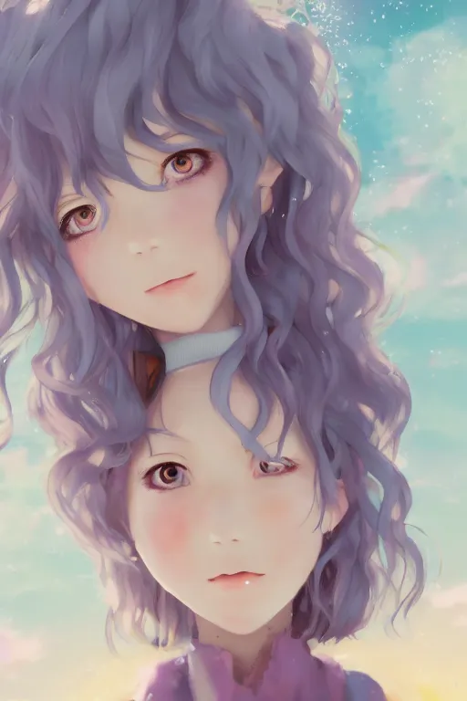 Image similar to happy anime girl, curly pastel hair, harajuku fashion, clear clean face, face by lya kushinov, Avetetsuya Studios, Alexandra Fomina artstation, by Makoto Shinkai, digital 2D, painterly style, cinematic matte Illustration, ufotable, VOFAN