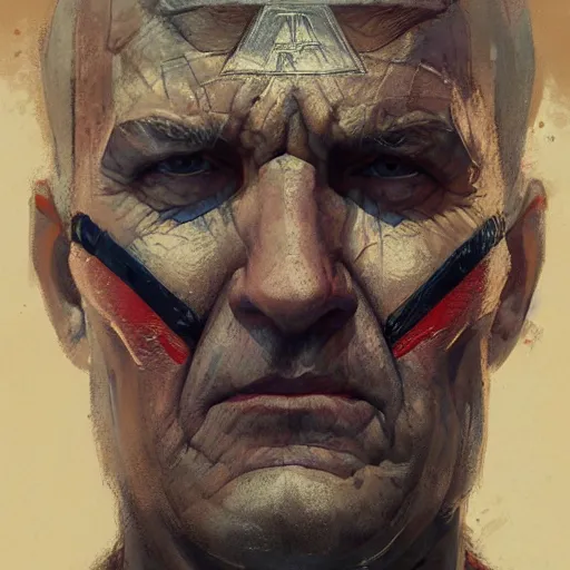 Image similar to close-up, symmetrical, portrait of an old man, captain america, bruised, scarred, marvel art, art by greg rutkowski, matte painting, trending on artstation