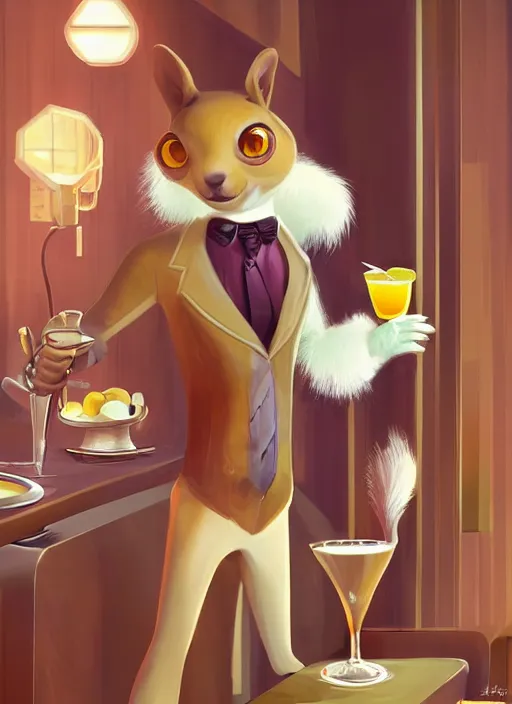 Image similar to squirrel anthro as a dapper bartender with an enormous fluffy tail, retro futurism, art deco, detailed painterly digital art by WLOP and Cory Loftis, 🐿🍸🍋, furaffinity, trending on artstation