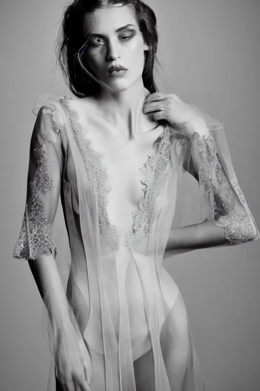 Image similar to sheer dress with plunging neckline and lace sleeves. award-winning fashion photography. intimate and vulnerable lighting. 130mm bw fashion photography.
