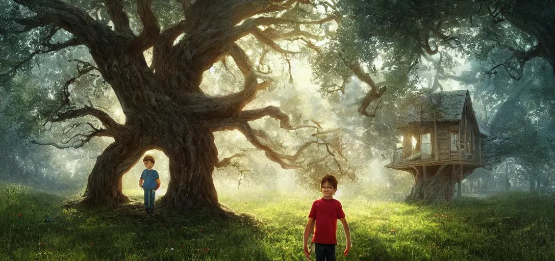 Image similar to Kid with red radioflyer standing in front of beautiful tree house in an old oak tree on a beautiful meadow with flowers, dramatic lighting, cinematic, establishing shot, extremly high detail, photo realistic, cinematic lighting, post processed, concept art, artstation, matte painting, style by eddie mendoza, raphael lacoste, alex ross