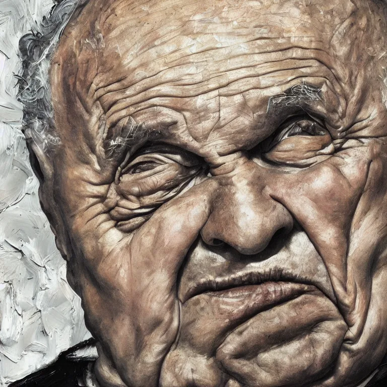 Prompt: close up studio portrait of aging old Marlon Brando age 115 wrinkled sad, impasto oil painting thick brushstrokes by Lucian Freud and Cy Twombly and Tim Hawkinson , trending on artstation Studio lighting Expressionism