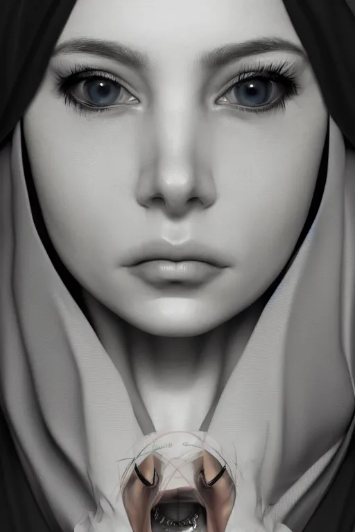 Prompt: a portrait of an lonely cyber nun, elegant, focus, detailed, realistic eyes, horizontal partial symmetry features proportions, intricate facial details, cybertech, award winning, trending in cgsociety artstation deviant art