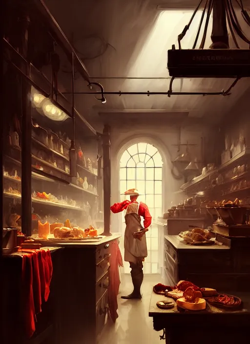 Prompt: portrait of an old butcher, bloodstained apron, at a butcher shop, dramatic lighting, dimly lit, medium view, asymmetrical intricate elegant matte painting illustration, by greg rutkowski and greg tocchini and james gilleard and sargent and leyendecker and greg manchess