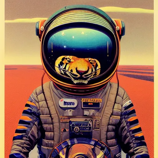 Prompt: Portrait of a Tiger astronaut wearing helmet in the style of James Gilleard, Zdzislaw Beksinski, Mark Ryden, Wolfgang Lettl highly detailed, hints of Yayoi Kasuma