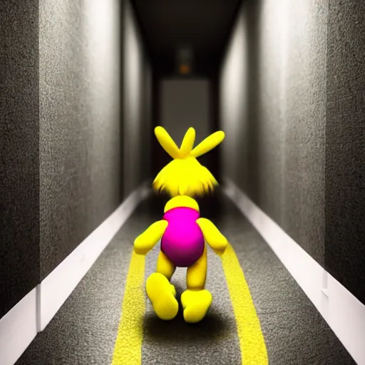 Prompt: Toy Chica walking down a hallway