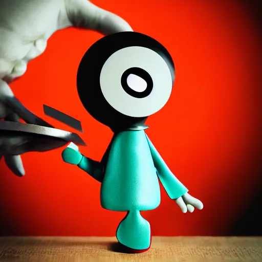 Prompt: vinyl designer toy, character crescent with hands and legs, creepy smiling evil face, holds a small knife in hand