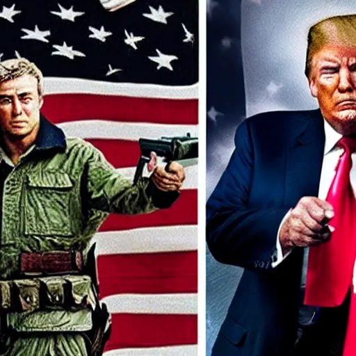 Prompt: Donald Trump as Rambo, holding the head of Biden in left hand and the American flag in right hand, post apocalyptic, wartorn, matte painting, masterpiece