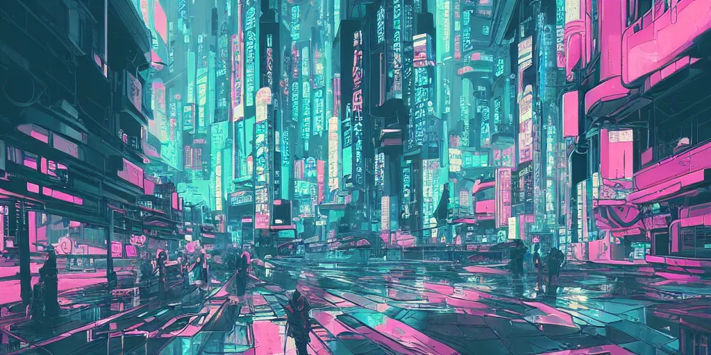 Image similar to beautiful japanese cyberpunk futuristic landscape painting, teal and pink, by tuomas korpi, dan mumford, trending on artstation