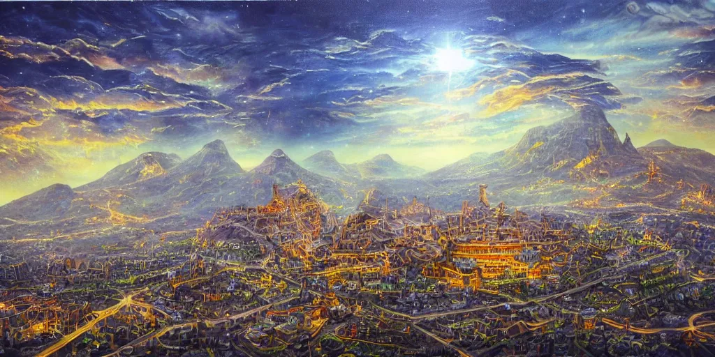 Image similar to fantasy oil painting, gleaming silver mega structure city, antep, argos, indore, kailasa, ellora, hybrid, looming, small buildings, warm lighting, street view, overlooking, epic, interstellar space port launching dock, distant mountains, bright clouds, luminous sky, cinematic lighting, michael cheval, david palladini, oil painting, natural tpose