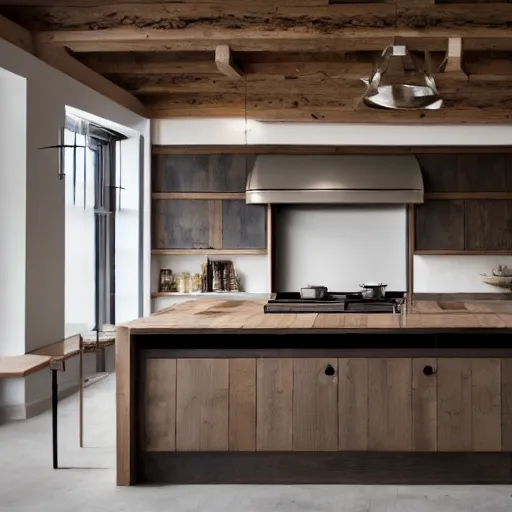 Prompt: luxury bespoke kitchen design, modern rustic, Japanese and Scandanvian influences, understated aesthetic, innovative materials and textrue, by Roundhouse Design and Charles Yorke and Davonport