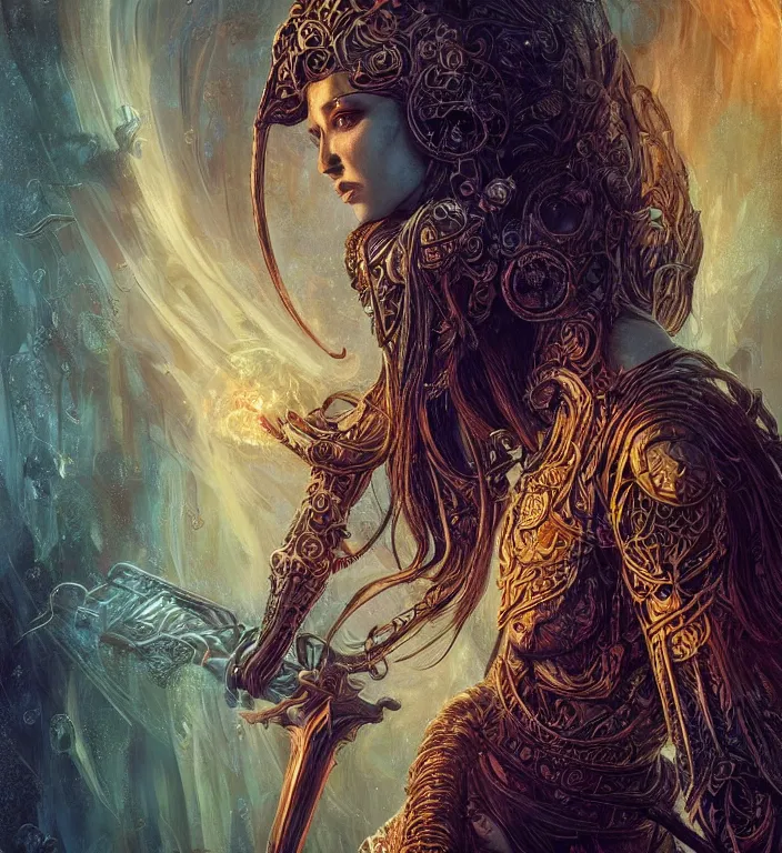 Prompt: unreal engine render of, centered Intricate portrait of a goddess, tarot card, dark souls colour scheme, luminal, smooth, coherent, high detailed, kerem beyit, Karol Bak, Chris Cold, james gurney, dan mumford, featured on artstation, instagram HD, unreal engine