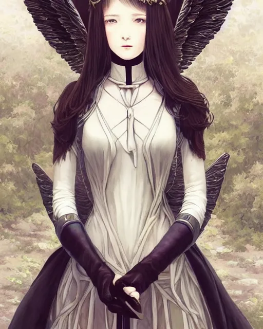 Image similar to an infinitely detailed portrait of a frail and pale female peace angel fully clothed. elegant clothes full - body, beautiful! scenery art!! coherent! by wlop & murata range, by ilya kuvshinov. victorian armor. artstation!! / pixiv!! elegantly armored angel portrait full - body, dreamy art