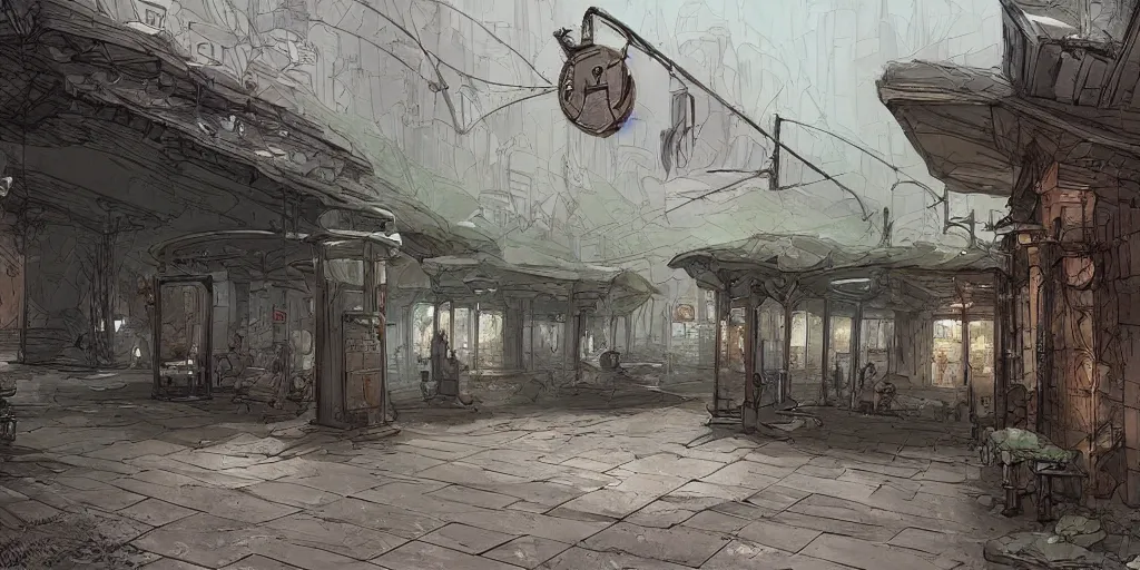 Prompt: concept art of a bus stop with walls for the far north in style of marc simonetti, intricate, highly detailed