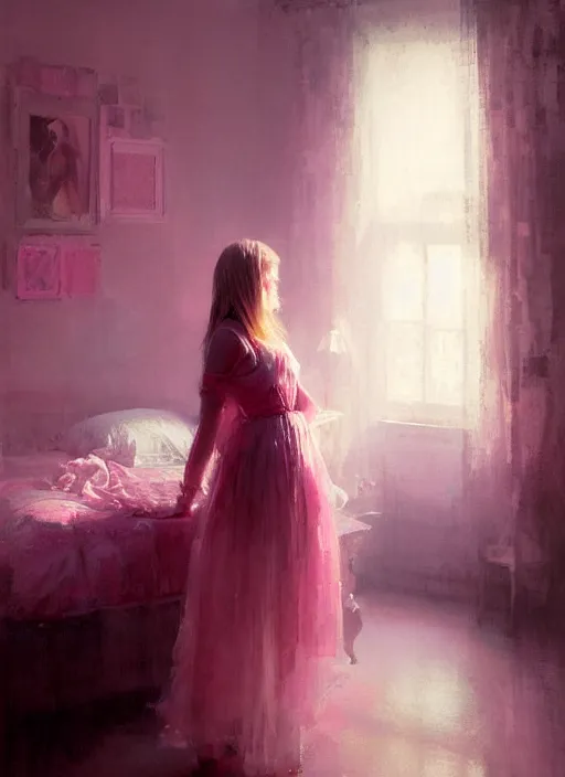 Prompt: portrait of a beautiful girl in her bedroom, shades of pink, beautiful face, rule of thirds, intricate outfit, spotlight, by greg rutkowski, by jeremy mann, digital painting