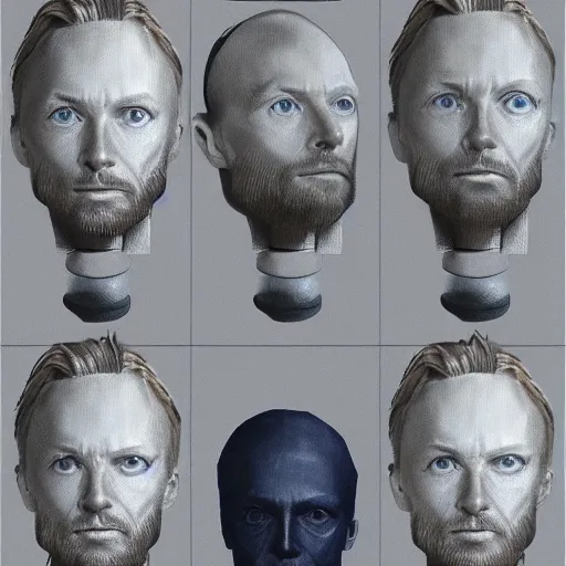 Image similar to collages, hyper realistic, many variations portrait of very old thom yorke, face variations, singer statue of ultron by jama jurabaev, very long shot, trending on artstation, high quality, brush stroke, for aaa game,