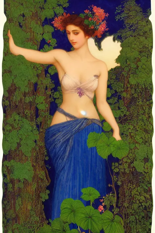 Image similar to beautiful portrait of the queen of night at twilight with the sunset shining in her hair| richly embroidered velvet| lush foliage | dramatic lighting | Maxfield Parrish and John Waterhouse | rich colors