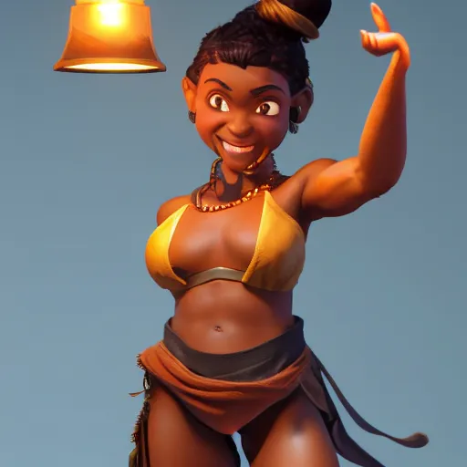 Image similar to a short young genie, with spikey short brown hair, brown skin, abs, a confident smile, emerging from her lamp and flexing her bicep, trending on artstation, 4k, hyperrealistic, focused, extreme details, unreal engine 5, cinematic, masterpiece