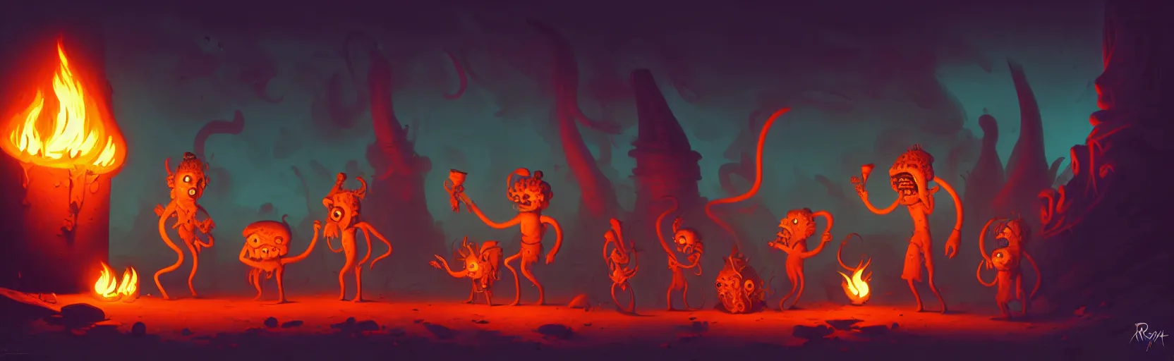 Image similar to uncanny whimsical savage mutants from the depths of a vast wasteland in the collective unconscious, dramatic lighting from fiery torches, surreal fleischer cartoon characters, shallow dof, surreal painting by ronny khalil