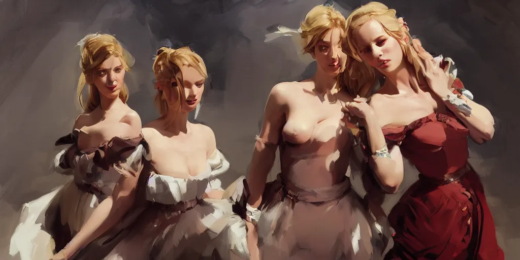 Prompt: portrait of two beautiful gorgeous captivating latvian belarusian finnish norwegian swedish glamour models as village maidens slap fighting wearing 1 7 th century off the shoulder bodice in dark dungeon, jodhpurs greg manchess painting by sargent and leyendecker, studio ghibli, medium shot asymmetrical intricate elegant illustration hearthstone, by greg rutkowski by greg tocchini by craig mullins