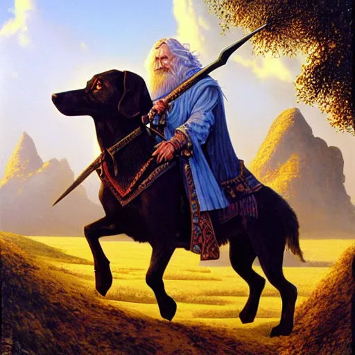 Image similar to Highly detailed oil painting of Gandalf the White riding a dachshund, intricate artwork by Angus McBride, John Howe, Matthew Stewart, Ted Nasmith, heroic fantasy