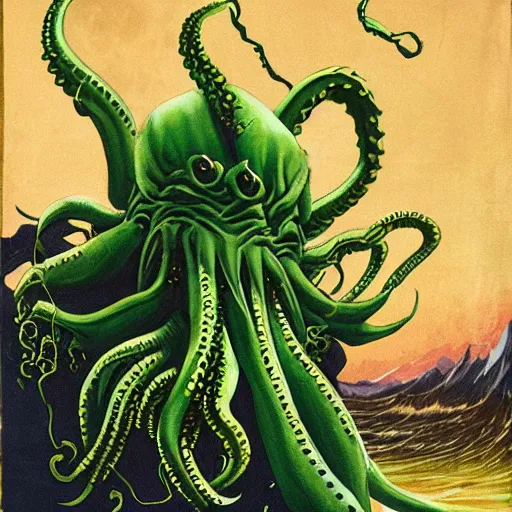 Prompt: Cthulhu emerging from the Great Pacific Thrash Patch with thrash in his face, Painting