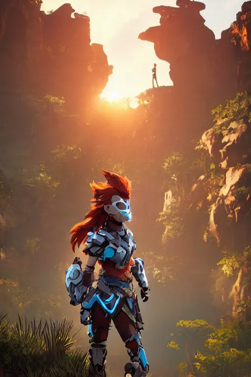 Image similar to combination suit armor aloy horizon forbidden west horizon zero dawn robot ninja mask helmet backpack tribal, aesthetic octane render, 8 k hd resolution, by ilya kuvshinov and cushart krentz and gilleard james radiating a glowing aura cgi rtx 2 0 2 2