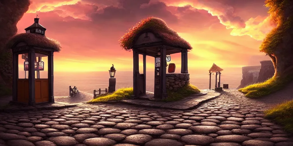 Image similar to epic professional digital art of a lonely cobblestone street with a kiosk on a cliff over the sea at sunset, best on artstation, cgsociety, wlop, Behance, pixiv, astonishing, impressive, outstanding, epic, cinematic, stunning, marketing design, gorgeous, much detail, much wow, masterpiece.