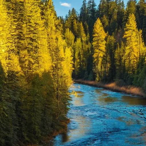 Image similar to A very long river flowing into a lake of pure gold, hidden in the middle of a dense forest of tall trees, with lots of light clouds in the bright blue sky, in the late afternoon.