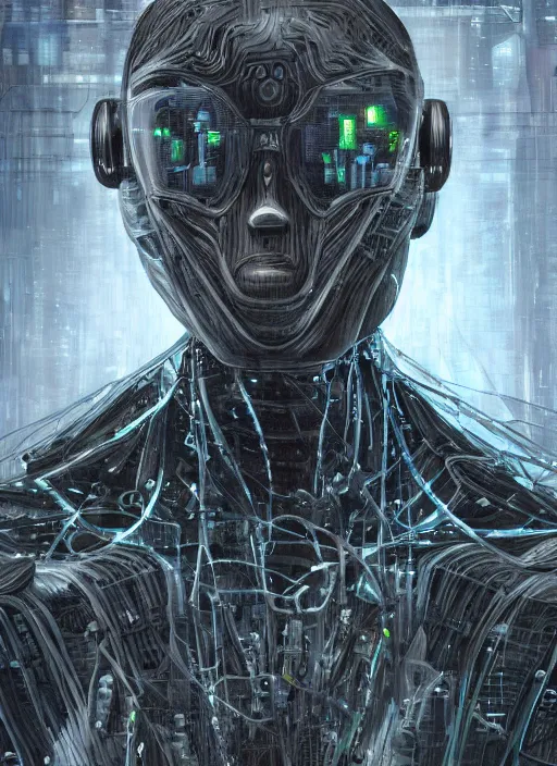 Image similar to a hyper - detailed fine painting of a synthetic man ( cyber - organic ), dystopian concept art