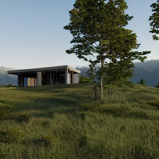 Prompt: Villa on the side of a hill. Designed by Peter Zumthor. Octane render. 8k. High detail.