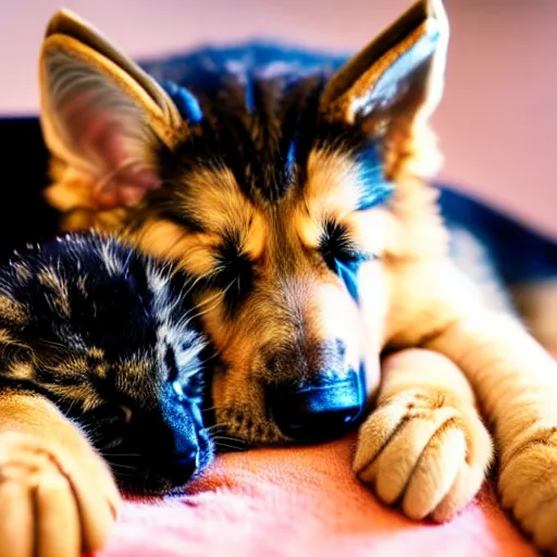 Image similar to detailed german shepherd sleeping in arms with a detailed kitten