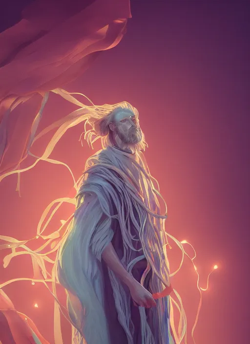 Image similar to beautiful illustration of a wizard with a robe made of ribbons of flesh, in the style abigail larsonand and sam guay, rim light, beautiful lighting, 8 k, stunning scene, octane, trending on artstation