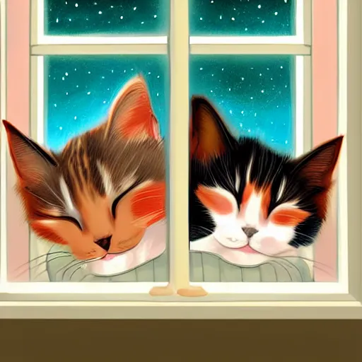 Prompt: two cute multi - colored calico cats sleeping inside a cozy home in the evening, stars shining in the night sky through the window,, artstation, cgsociety, storybook art