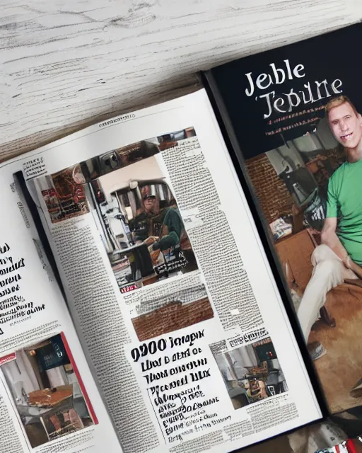 Prompt: 'a full view of table and magazine with picture of jerma985', magazine, zoomed out, zoomed out, zoomed out