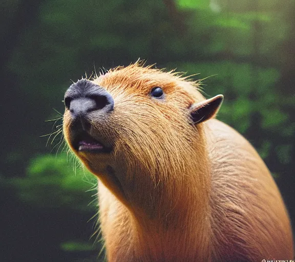 Image similar to a portrait of capybara with a mushroom cap growing on its head by luis royo. intricate. lifelike. soft light. sony a 7 r iv 5 5 mm. cinematic post - processing