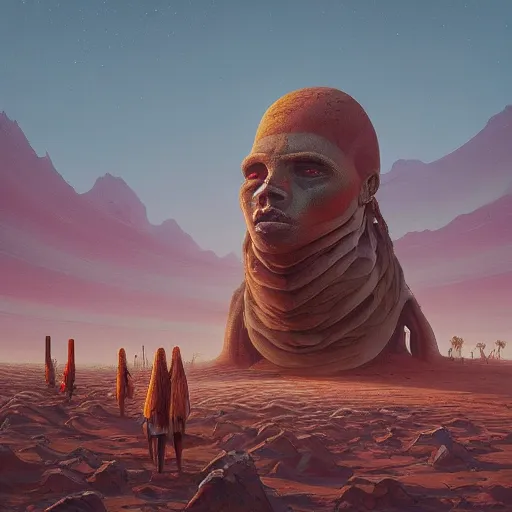 Image similar to beautiful painting of ancient colossal heads towering over wanderers in a desert of salt in the style of Simon Stålenhag and H. R. Giger, detailed, trending on Artstation