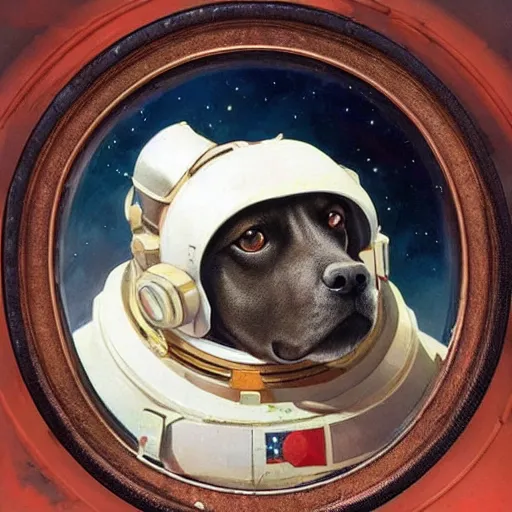 Image similar to realistic heroic portrait of Laika the russian space dog, first dog in orbit 1957, wearing her space helmet, in a circle frame, art by Artgerm and Greg Rutkowski and Alphonse Mucha