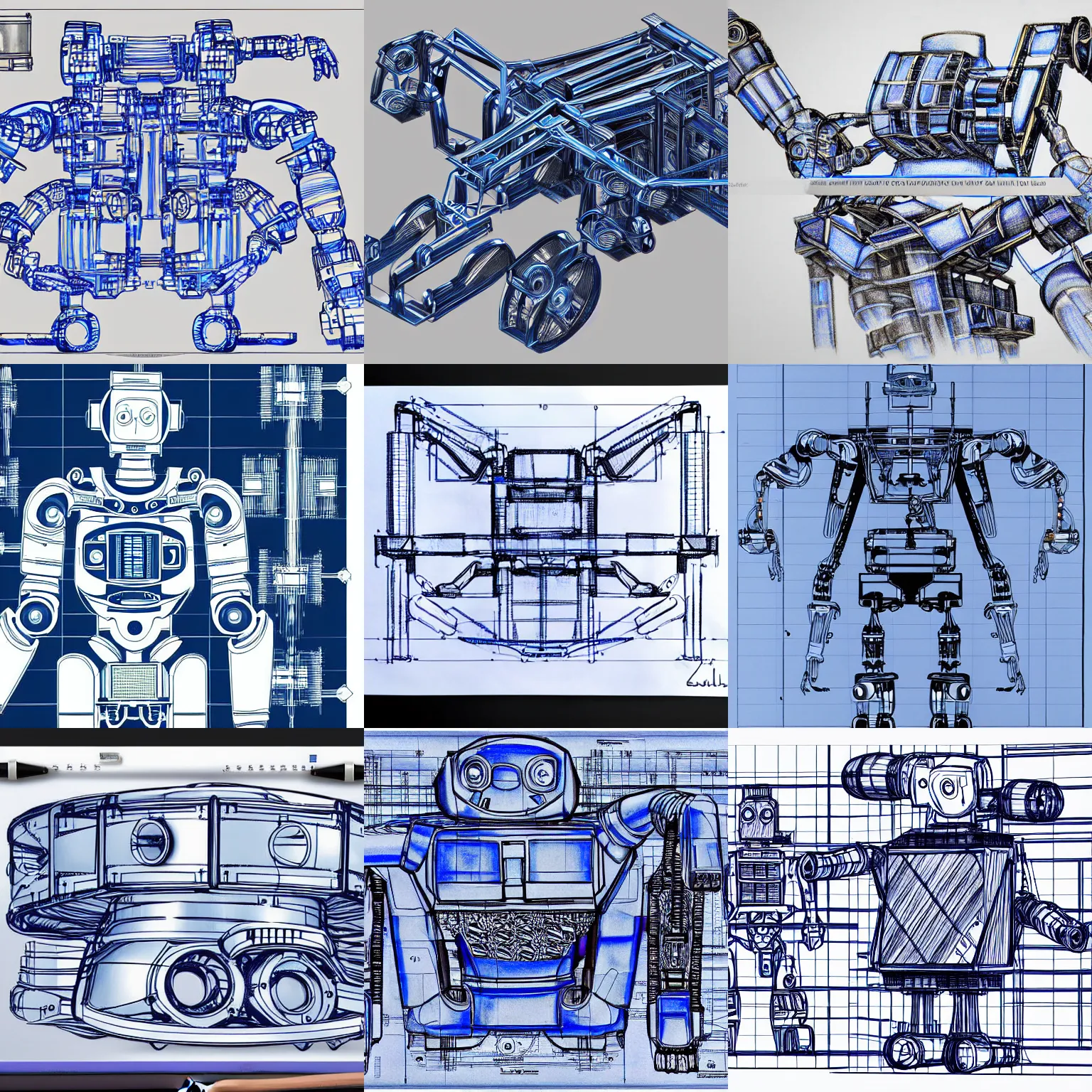 Prompt: hyper realistic robot main frame, construction, blue print, drawing