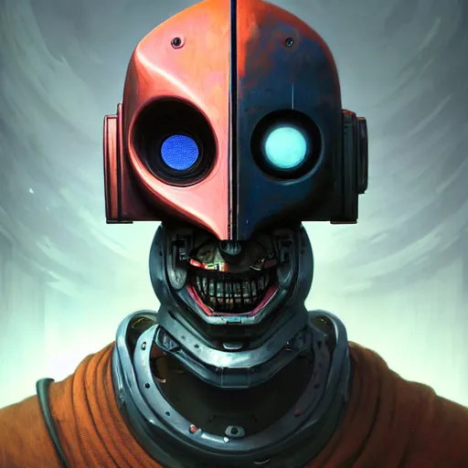 Image similar to a expressive portrait of masked diesel punk robot in dramatic lighting, depth of field background, artstation, award - winning realistic sci - fi concept art by jim burns and greg rutkowski, beksinski, a realism masterpiece, expressive color palette, james gilleard, bruegel, alphonse mucha, and yoshitaka amano