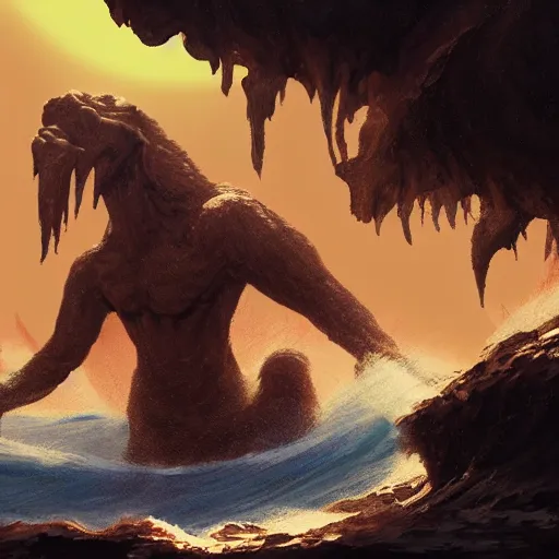 Image similar to cave monster vs wave monster, dramatic magic hour backlight, artstation