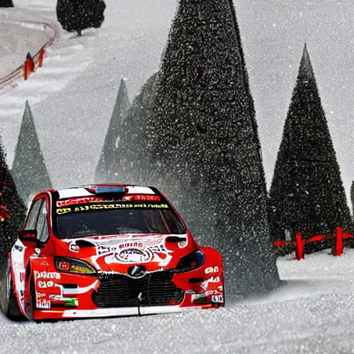 Prompt: Petter Solberg driving straight into the christmas tree