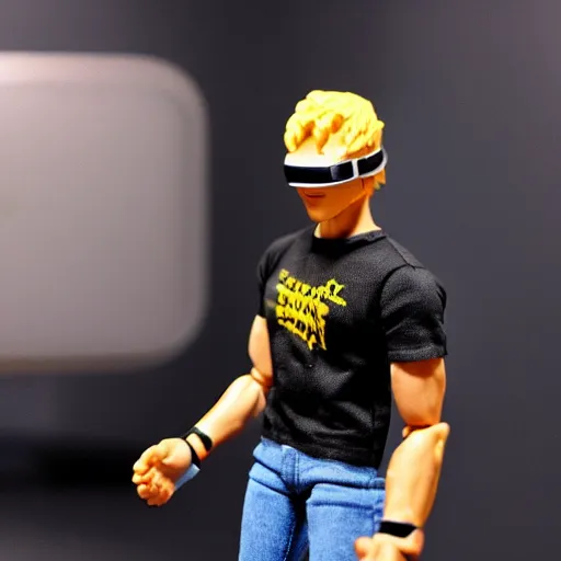 Image similar to action figure of a skinny blonde male wrestler wearing a vr headset and wearing a t - shirt and jeans, high detail, realistic,