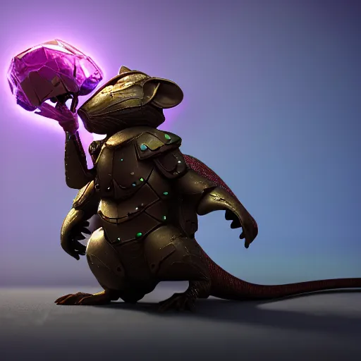 Image similar to armored mouse warrior reaching for a purple crystal, trending on Artstation, octane render, 8k, UHD