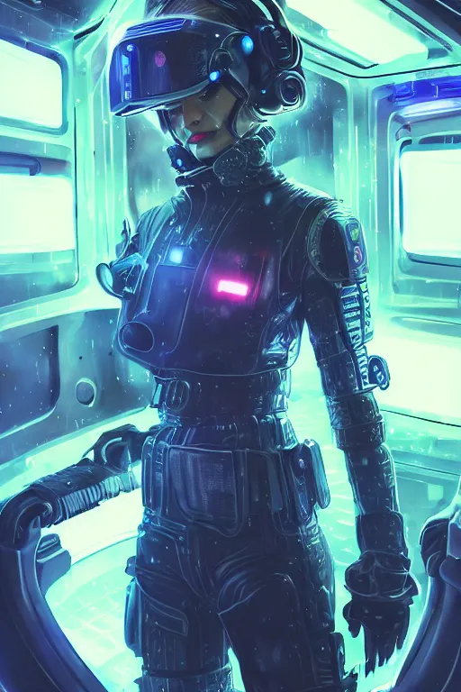 Prompt: portrait futuristic beautiful and cyberpunk and mythical female police, at inside of a future armored vehicle, heavy rainning futuristic tokyo cyberpunk night, ssci-fi, fantasy, intricate, very very beautiful, elegant, neon light, highly detailed, digital painting, artstation, concept art, soft light, hdri, smooth, sharp focus, illustration, art by tian zi and craig mullins and WLOP and alphonse mucha
