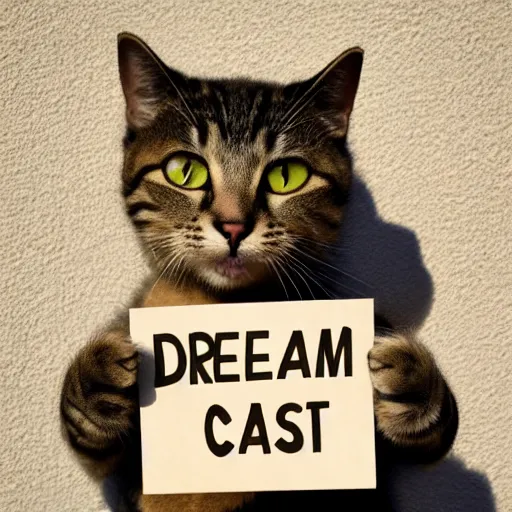 Prompt: realistic high quality photo of a cute cat holding a sign with text that reads : dream, cat, cas, cast cat dreamcats,