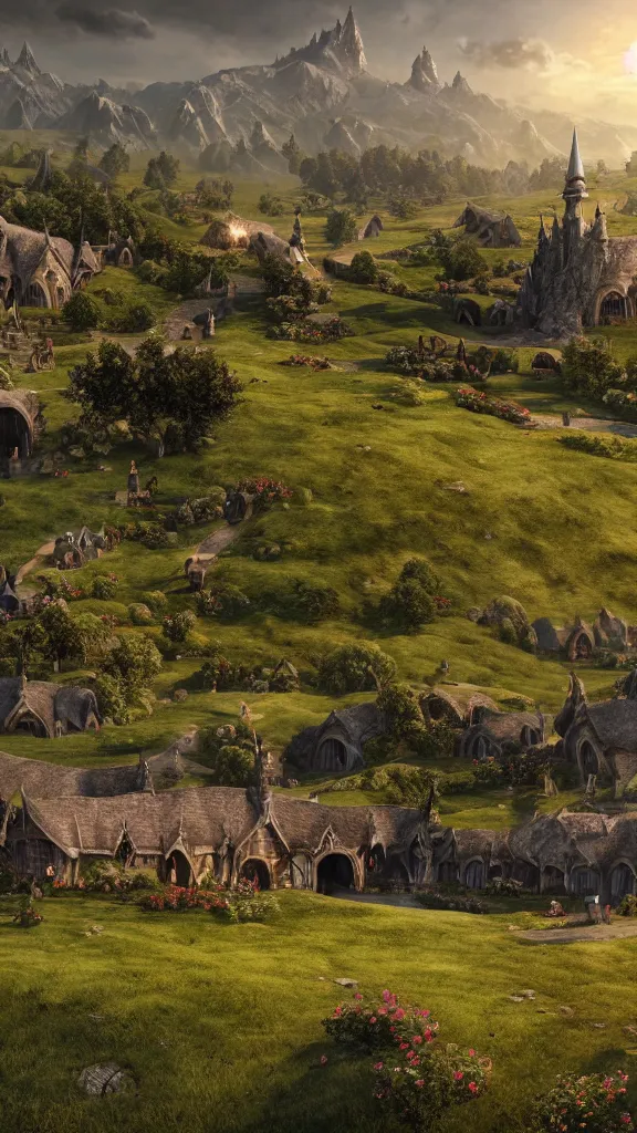 Image similar to a beautiful wide shot of hobbiton, middle earth, alan lee, fromsoftware, elden ring, dark souls, bloodborne, dark fantasy, realistic, highly detailed, 8 k, volumetric lighting, sinister lighting, detailed terrain, concept art, matte painting