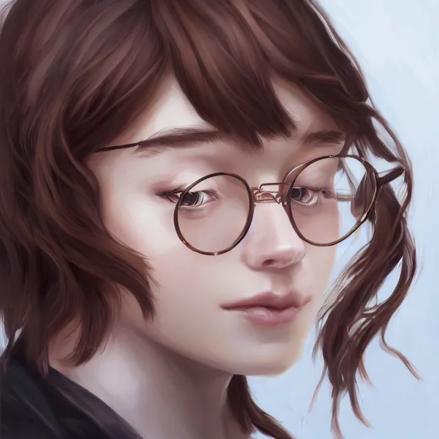 Prompt: cute enby with long brown hair, androgynous, round rose gold glasses, artstation, highly detailed portrait, beautiful digital painting, messenger avatar, white background