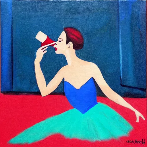 Image similar to square painting of a ballerina drinking wine in a teal room all on a red background