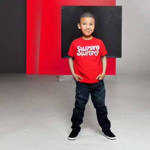 Image similar to short kid wearing a supreme shirt, detailed, studio